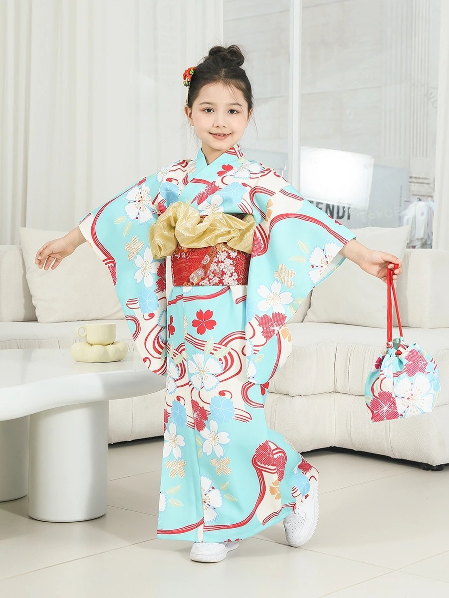 人気商品 浴衣 子供 女の子 【浴衣 帯 帯揚げ 巾着袋 髪飾り5点セット 】 100~140cm 浴衣セット 作り帯 花柄 立体成型帯 レトロ 古典柄 キッズ ジュニア パフォーマンスコスチューム