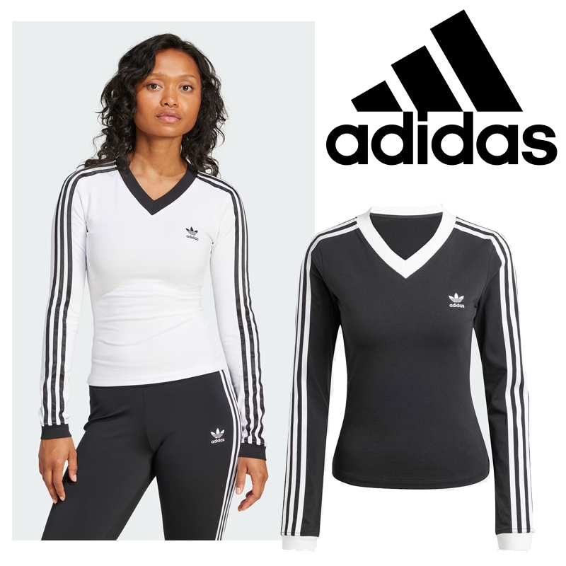 IY7247 JC8154 V-NECK LS T-shirt 3ブイネック 長袖 シャツ Vネックロングスリーブ伸びやかフィットで動きやすく3ストライプが腕を細見せレイヤードしやすいスリムシルエット