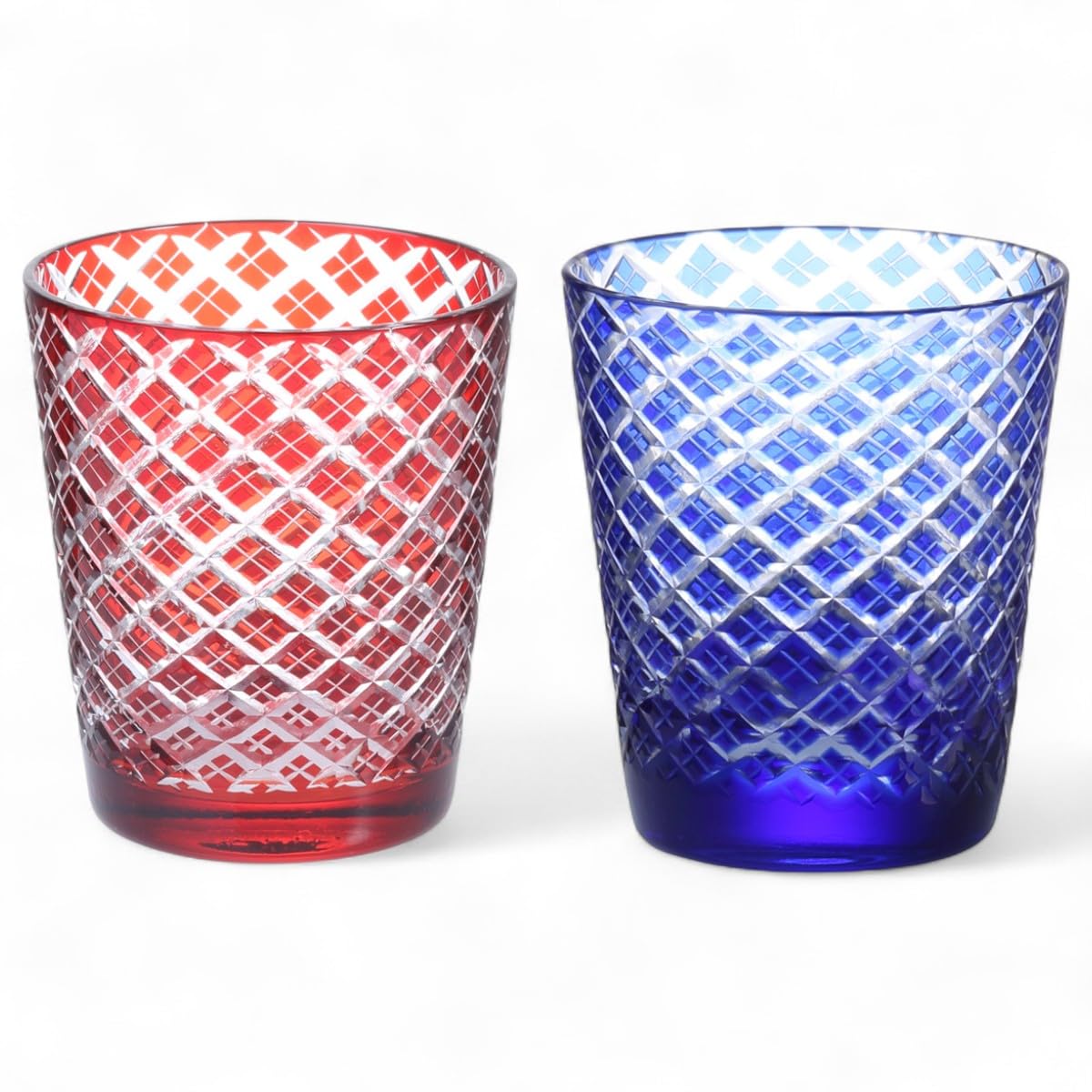 J-kitchens 水影 切子 ペア グラス カップ Φ79xH90mm 220cc 菱紋 レッド & ブルー 美匠 Current Model 14,334円