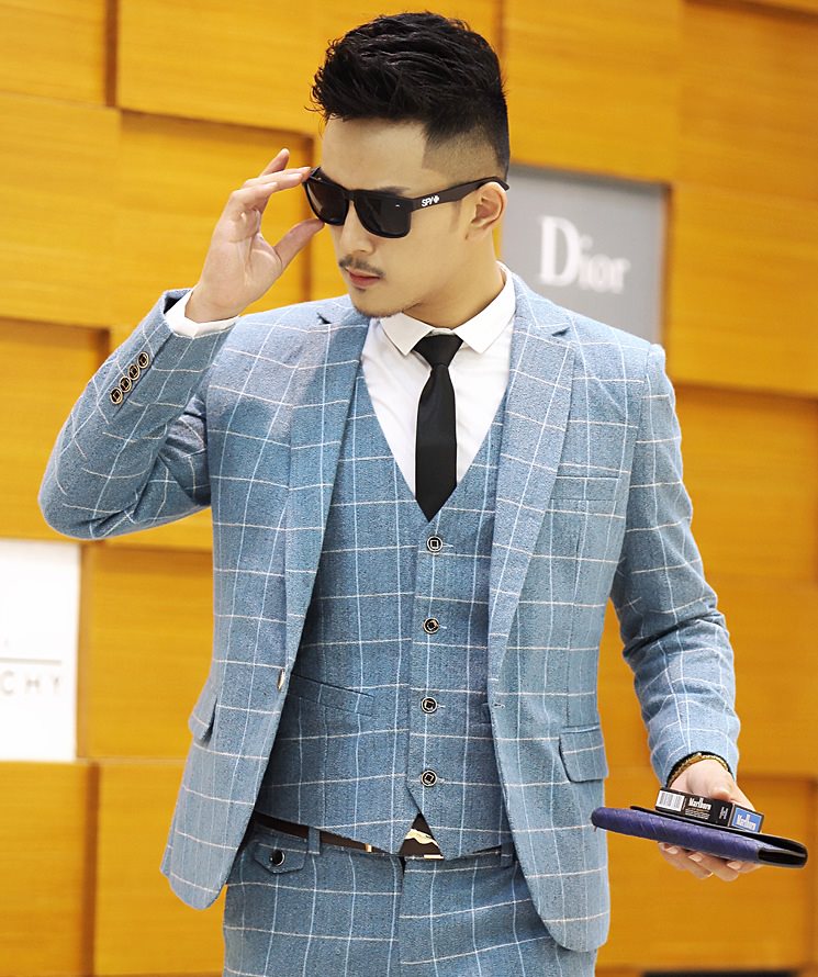 セットアップ 紳士服 チェック コットンスリムスーツ　結婚式　二次会　おしゃれ 細身 メンズスーツセ