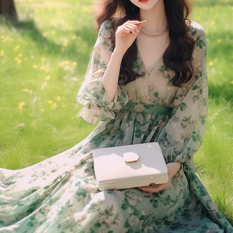 ミンマンボスタイルティーティーブレイクフランスのハイエンドスタイルの女神スタイル穏やかなスタイルバケーショングリーンフローラルドレススプリング