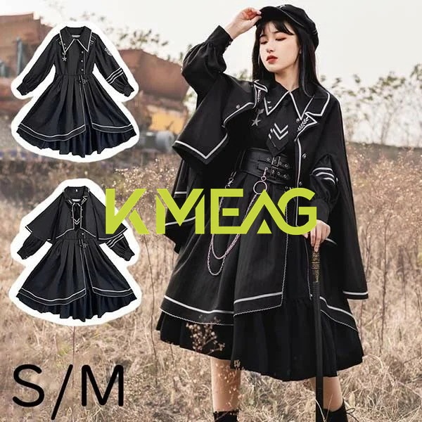 ロリータ ゴシック ゴスロリ ワンピース Aライン Lolita 長袖 黒 可愛い かっこいい ミモレ丈 マント追加可 レディース コスチューム 仮装 cos ハロウィン 学園祭 文化祭 dg309t