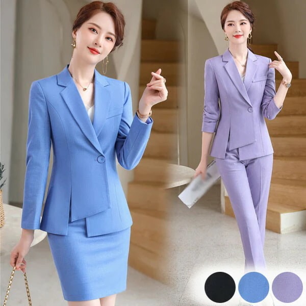 今だけ！スーツ レディース 大きいサイズ 通勤 事務服 就活 就職活動 面接 仕事着 フォーマル 上下セット 長袖 オフィス ビジネス 事務服 制服 おしゃれ 無地 紫色 青 黒 大きいサイズ S M