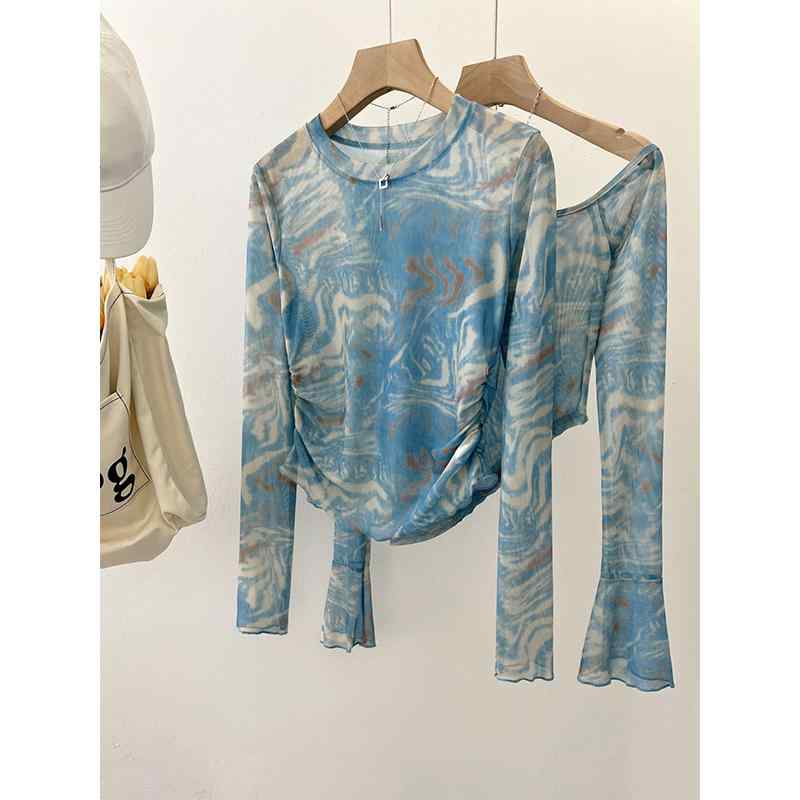 トップス レディース 長袖 タイダイ 染め 絞り 日焼け止め ブラウス 夏 スリムフィット 模様 Tシャツ メッシュ 薄手 ウエスト 青
