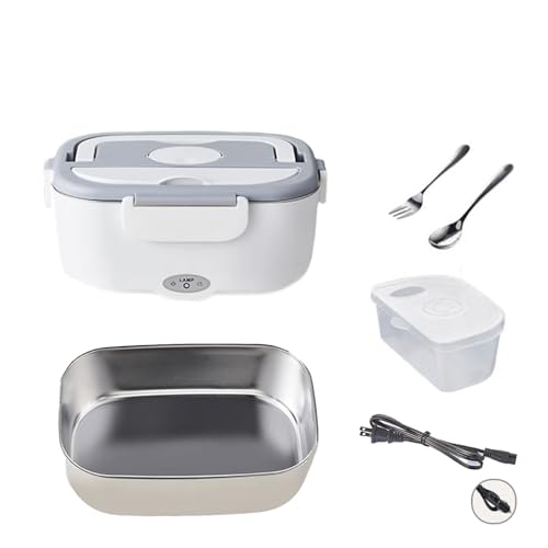 加熱弁当箱 弁当箱炊飯器 電気弁当箱 ステンレス 弁当箱 电热饭盒 バイク 弁当 温め 1.5L大容量 静音 速く加熱する漏れ防止 カトラリー付き 車用 家庭用 定温 70℃ 水必要なし (白)
