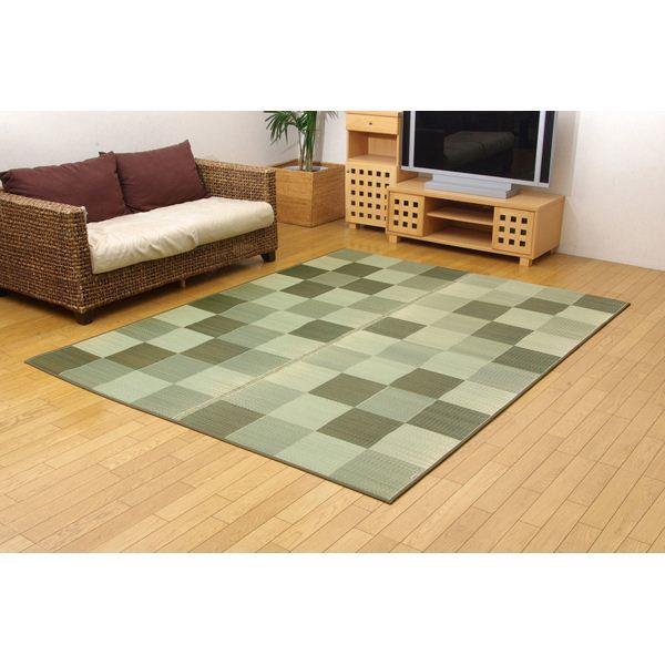 純国産/日本製 い草ラグカーペット 『Fブロック2』 グリーン 約191x250cm（裏：ウレタン）