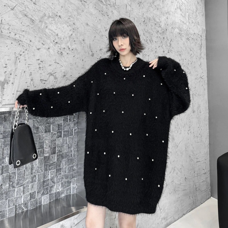 【Noir Mode】 ニット セーター ワンピース 秋冬 デザイン性 ブラックコーデ 大きいサイズ レディース 体型カバー ニットセーター ニットワンピース