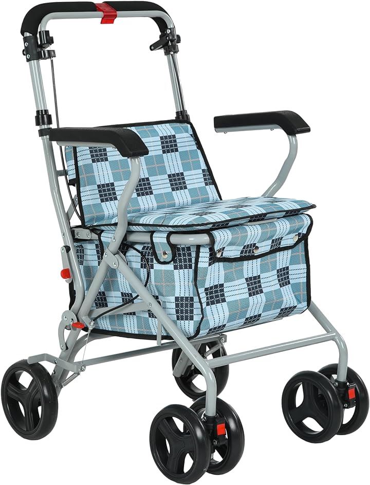 シルバーカー 手押し車 折りたたむ 高さ調節 ショッピングカート 高齢者用 杖立て 老人 座れる 介護用 折り畳み 買い物カート 軽量 おしゃれ( ブルー)