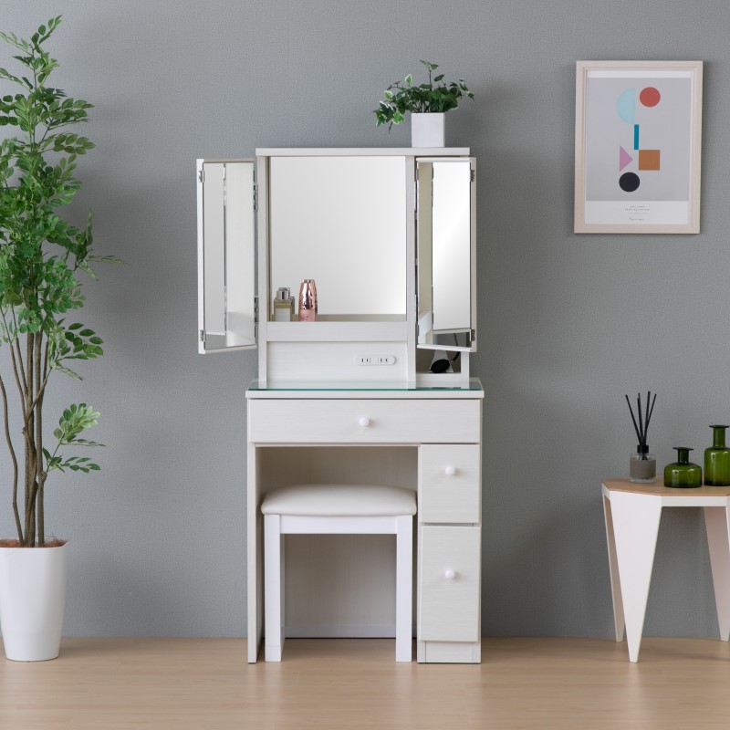 ドレッサー 3面鏡 3面鏡幅60cm 奥行40cm 高さ131.3cm37kg 鏡　メイク台　化粧台　ミラー　コスメ台 韓国風ドレッサー　キュート　フェミニン　ホワイト　ベージュ　ナチュラル