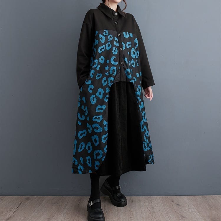 レオパードプリント フェイクレイヤードデザイン Aライン ミディシャツドレス プレゼント 個性的なデザイン ステージ衣装 演出衣装 イベント こせい 個性 特徴あり 新作 TV 主演 ステージ衣装 舞