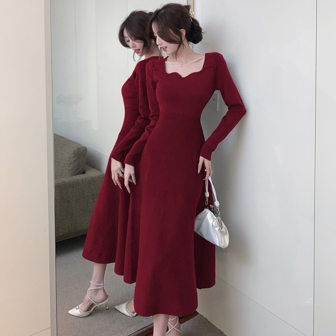 ワンピース レディース ロングワンピース S M L ワインレッド グリーン カラバリ 長袖 無地 ドレス 韓国 スクエアネック デコルテ 華奢見え ロング ミモレ丈 Aライン フレア スリム 大人