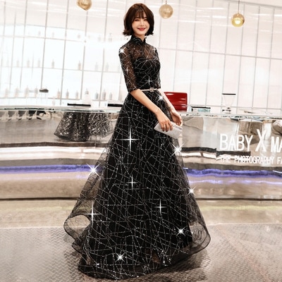 レディース イブニングドレス ロング マキシ 丈長 5分袖 ラメ感 モックネック フレア スリム 細身 Aライン フェミニン レース ベルト ウエストマーク 透け感 大人可愛い きれいめ 上品