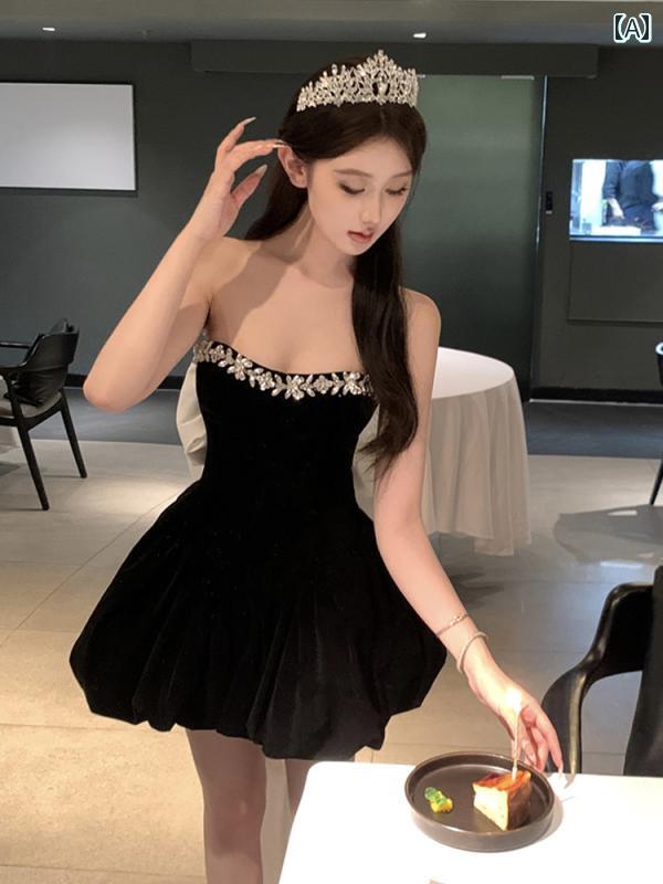 ドレス　パーティー　レディース フランスの 高級 魅惑的 ラインストーン ベルベット チューブ トップ ドレス 女性 秋冬 誕生日 パーティー イブニングドレス ふくらんだ スカート