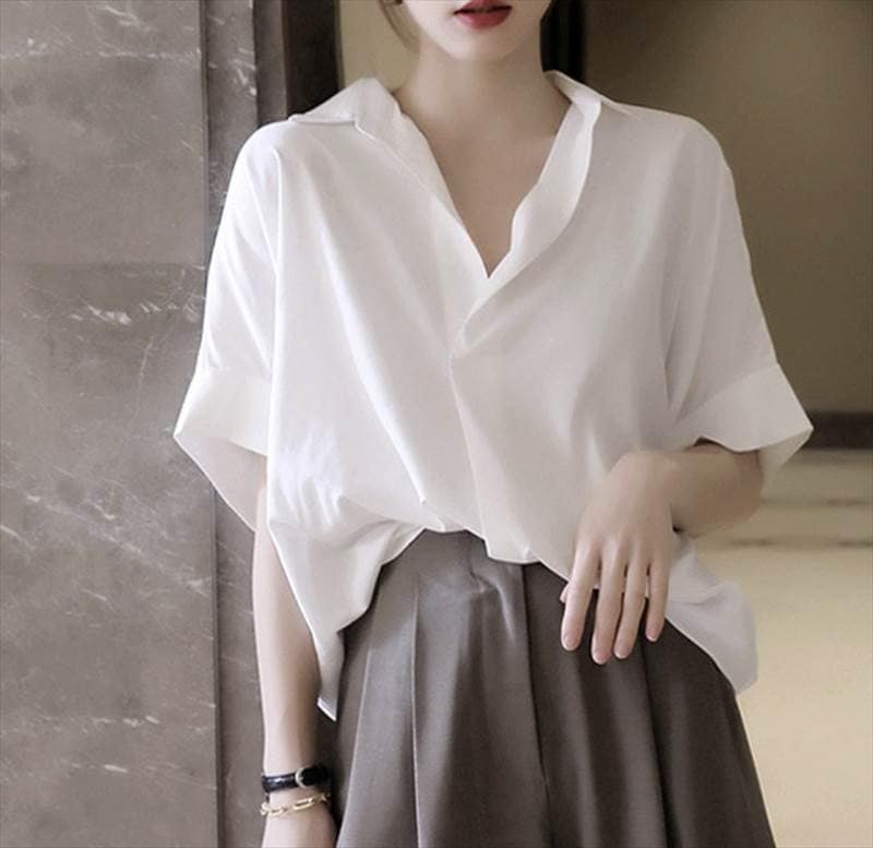 ス ブラウス 個性的 S XL 人 5分袖 シンプル かわいい ワイド ベージュ おしゃれ 人女子 襟付き 白 人可愛い 夏 ストレート L こなれ感 レディース シャツ ボタン ポロカラー M ミデ