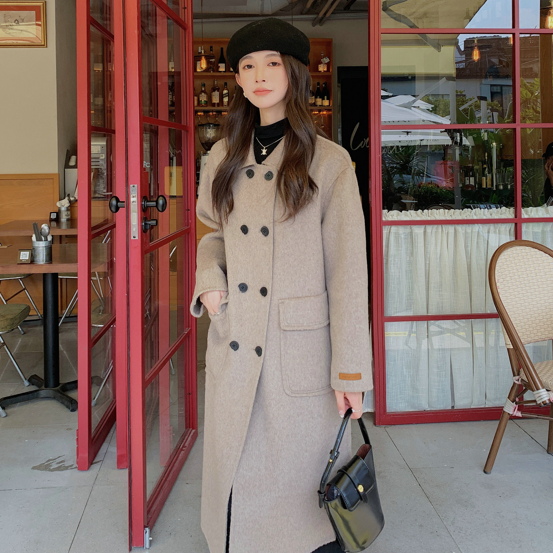 韓国風スリムでエレガントなカシミヤコート2024新作通勤ストレートウールコート