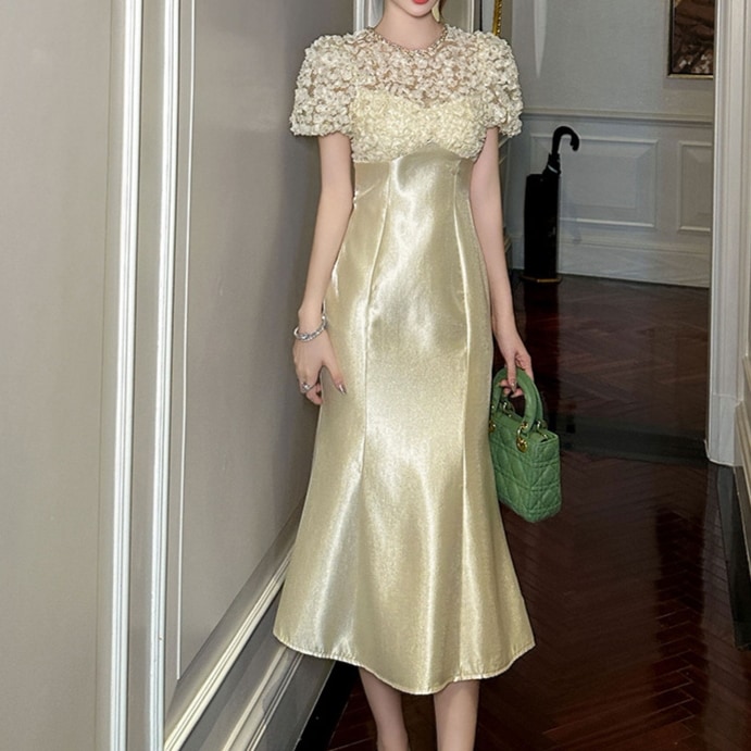 ドレス パーティー 演奏会 発表会 ステージ ダンス 衣装 コスチューム ミモレ 半袖 パフスリーブ ラウンドネック マーメイド セミフレア ウエストマーク 切り替えデザイン ドッキング ファスナー