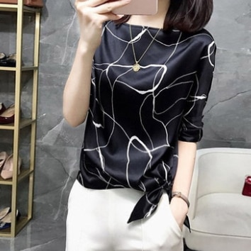 ブラウス カットソー 七分袖 ラウンドネック シフォン リボン ウエストリボン グラフィック かわいい 大人可愛い きれいめ シンプル カジュアル 大人 上品 おしゃれ レトロ エキゾチック