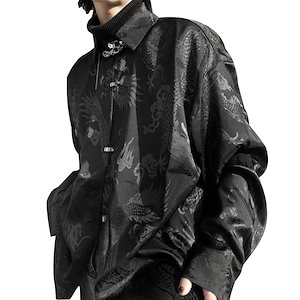 メンズ ドラゴン サテン チャイナ 韓国 ユニセックス 刺繍サテン 長袖シャツ ファッション カジュアル きれいめ 秋冬ブラック ホワイト