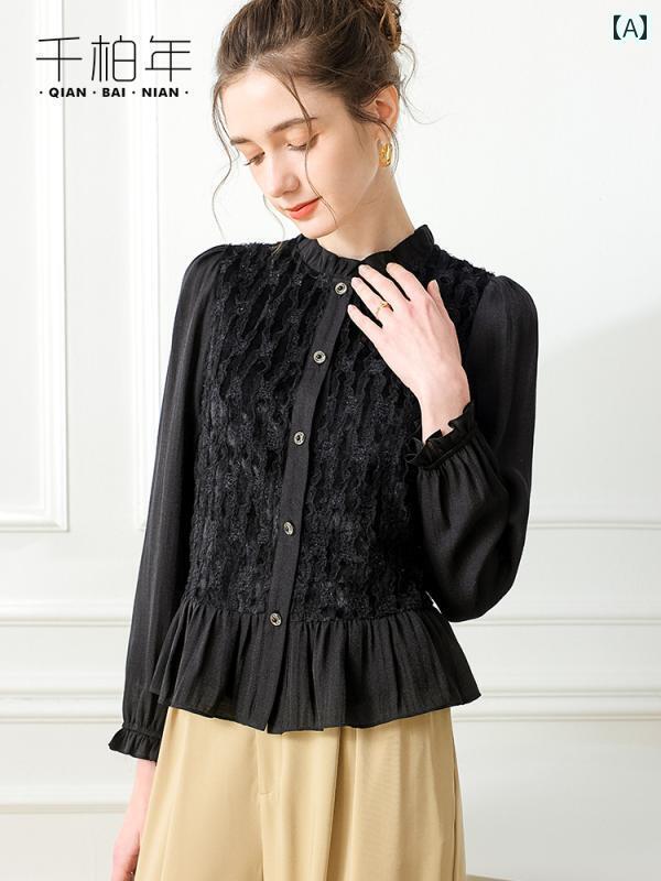 Yシャツ　無地　シンプル 2025 早春 韓国 レース 長袖 シャツ トップス スタンドカラー スモール ショート シフォンシャツ