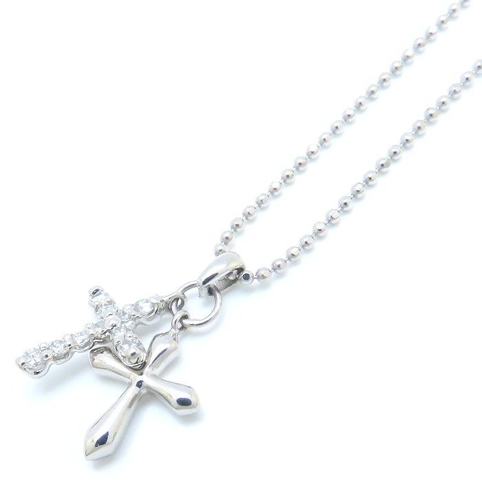 ダブルクロス ネックレス ダイヤモンド0.20ct ボールチェーン Pt900プラチナxPt850プラチナ /76184【中古】