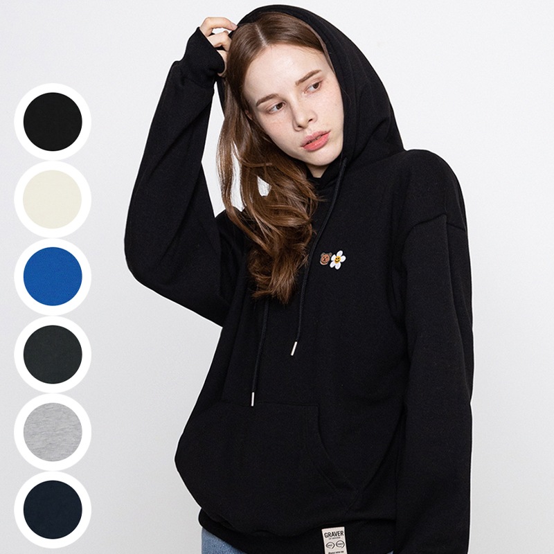 [UNISEX] Small Flower Bear Face Embroidery Smile Hoodie_6color
