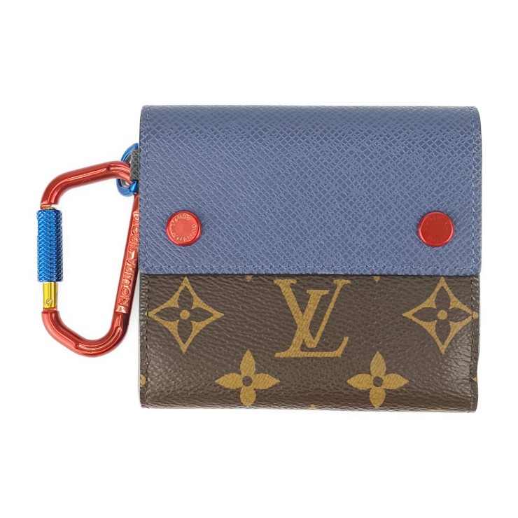 美品 LOUIS VUITTON ルイ ヴィトン 二つ折り財布 コンパクトウォレット by キム・ジョーンズ M63041 ブラウン ネイビー ブルー マルチカラー金具 モノグラム【本物保証】