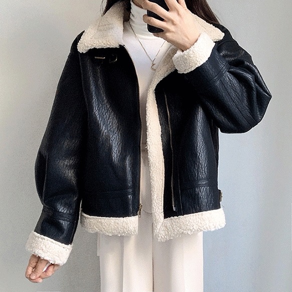 ボア ハイネック バックル ビンテージ レザー ムートン ジャンパー