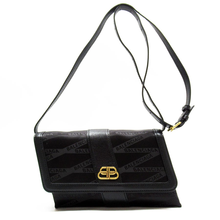 バレンシアガ BALENCIAGA 斜め掛けショルダーバッグ ナイロン/レザー ブラック ゴールド レディース w0416g