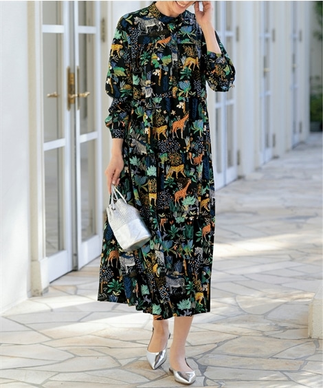 ロング・マキシ丈/半袖 アニマル柄ティアードゆったりワンピース アトランダム