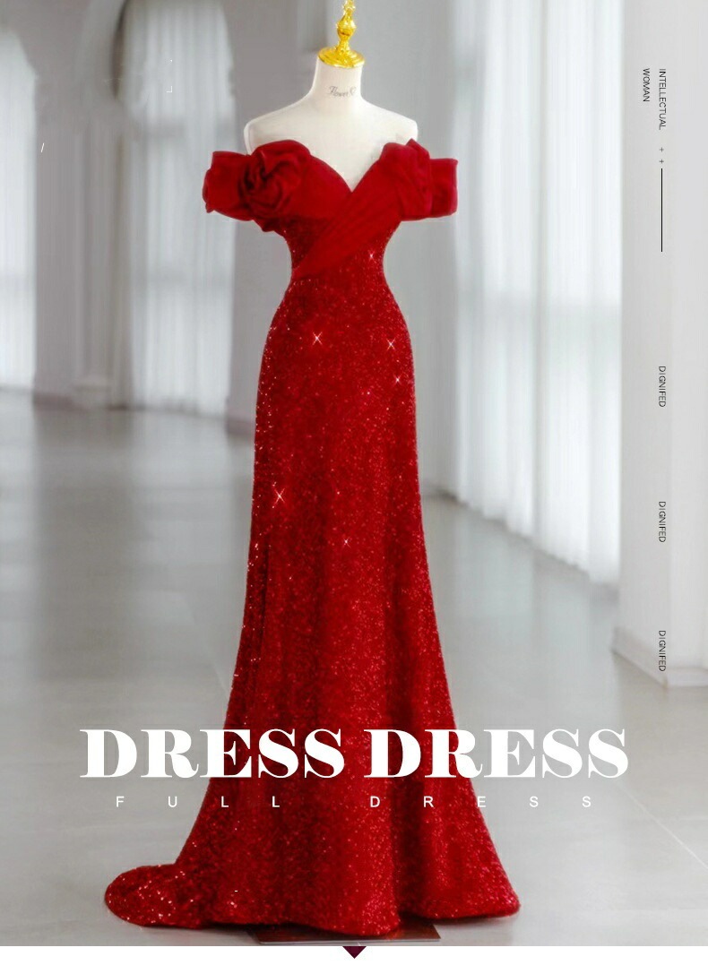 ラストチャンスレディースドレス エレガント 上品 きれいめ レッド ロングドレス ウェディングドレス 宴会 発表会 舞台演出 披露宴 フィッシュテール スパンコール オフショルダー 着痩せ 舞台演出