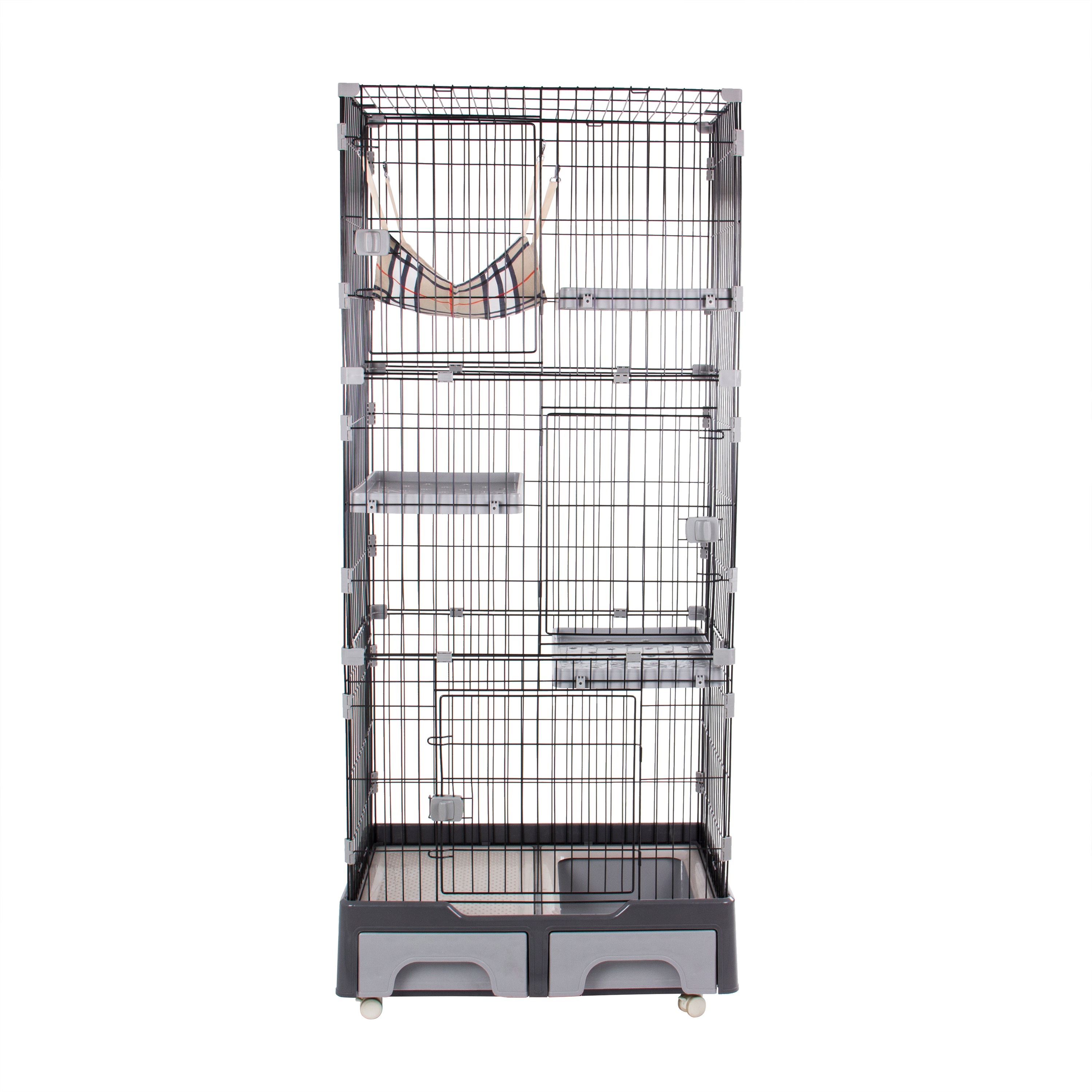 猫 ケージ トイレ付 ハンモック付 収納型 キャットケージ 3段 1段2段可能 キャスター付 キャットハウス ネコ【グレー】TX294682AAA