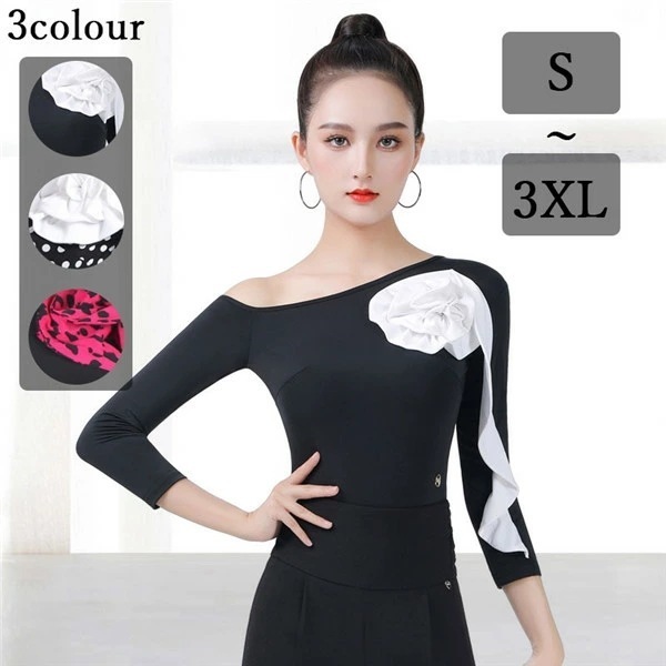 【本日限定】トップス レディース 社交ダンス ラテン トップス ダンストップス 袖あり 長袖 オープンショルダー アシンメトリー ドット柄 花柄 社交ダンス衣装 上着 競技着 モダン ダンス衣装 上着