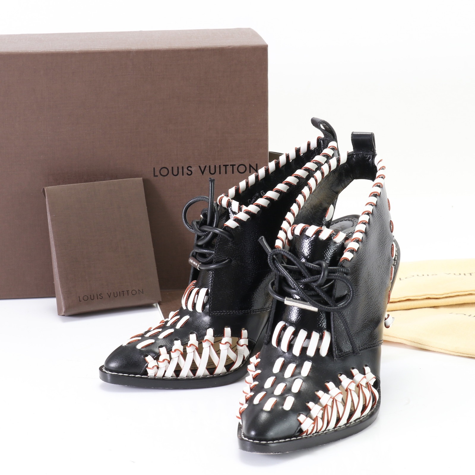 極美品 MANGA SLING BACK LOW BOOT レース アップ ハイヒール ミュール 35 1/223cm レザー パンプス ブラック 黒 EJT 1119-M17 中古