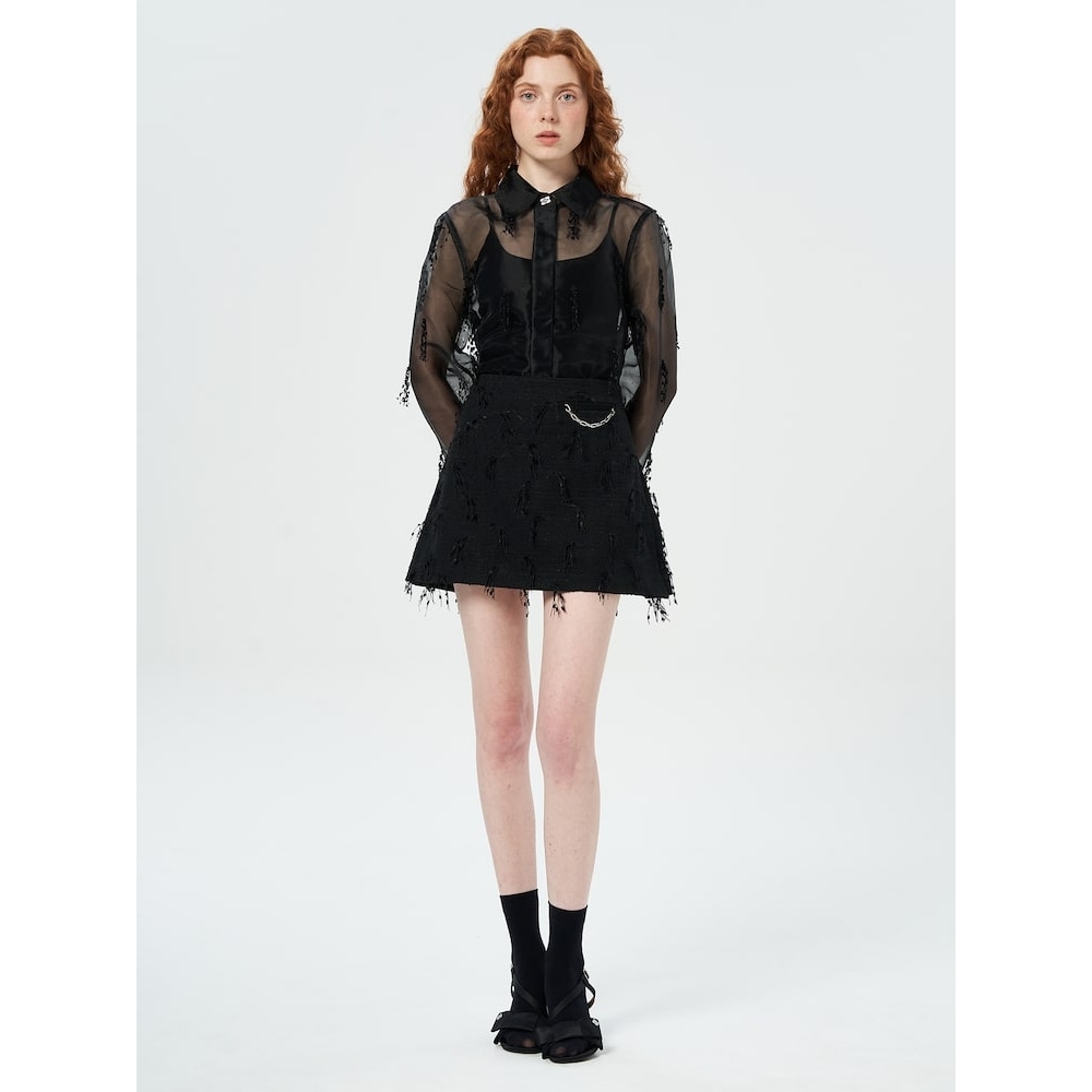 GANNI フリンジ付きツイードミニスカート-ブラック QN5127R105