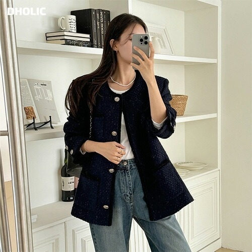 [メガ割りSALE]ウール混ラメツイードポケットミドルジャケット