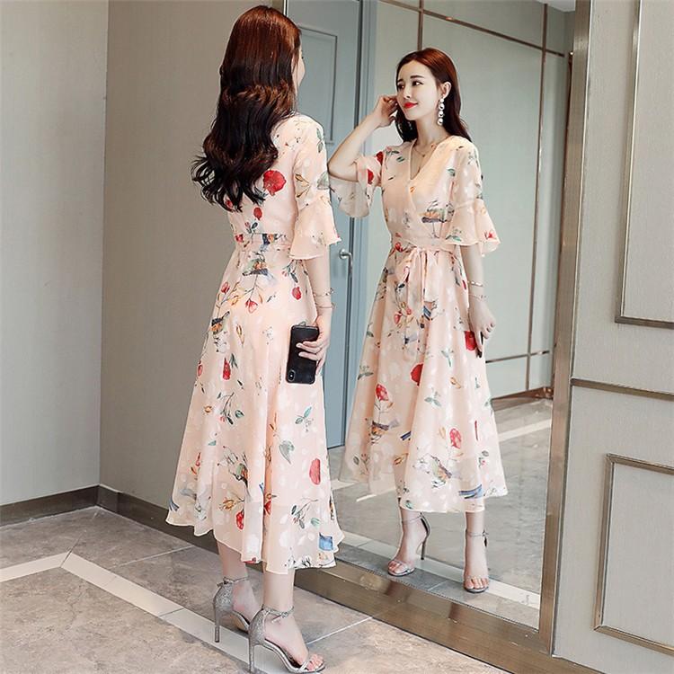 ワンピース レディース キレイめ ルロング丈ワンピース 春夏 五分袖 マキシワンピース花柄 シフォンワンピース フレア Aライン オシャレ 上品 着痩せ