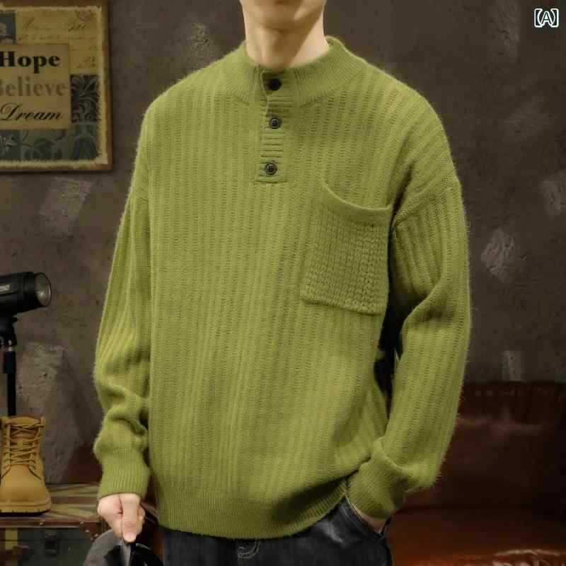 メンズ 男性用 ファッション オシャレ シンプル 大人 かっこいい ストリート ヒップホップ HipHop ニット セーター 秋冬 ルーズ ラウンドネック ボトム シャツ ナージャケット レトロ 厚手