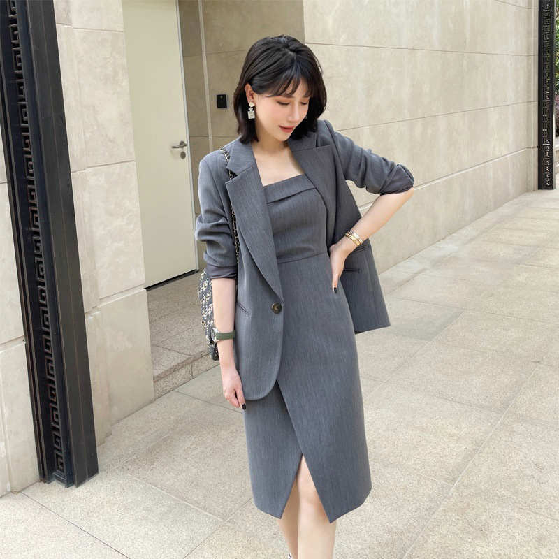 レディース スーツ セット ジャケット ワンピース オフィス ビジネス きちんと感 長袖 膝丈 スリット 上品 清楚 学校 参観日 おしゃれ きれいめ キレカジ 無地 秋 お出かけ ON お仕事コーデ