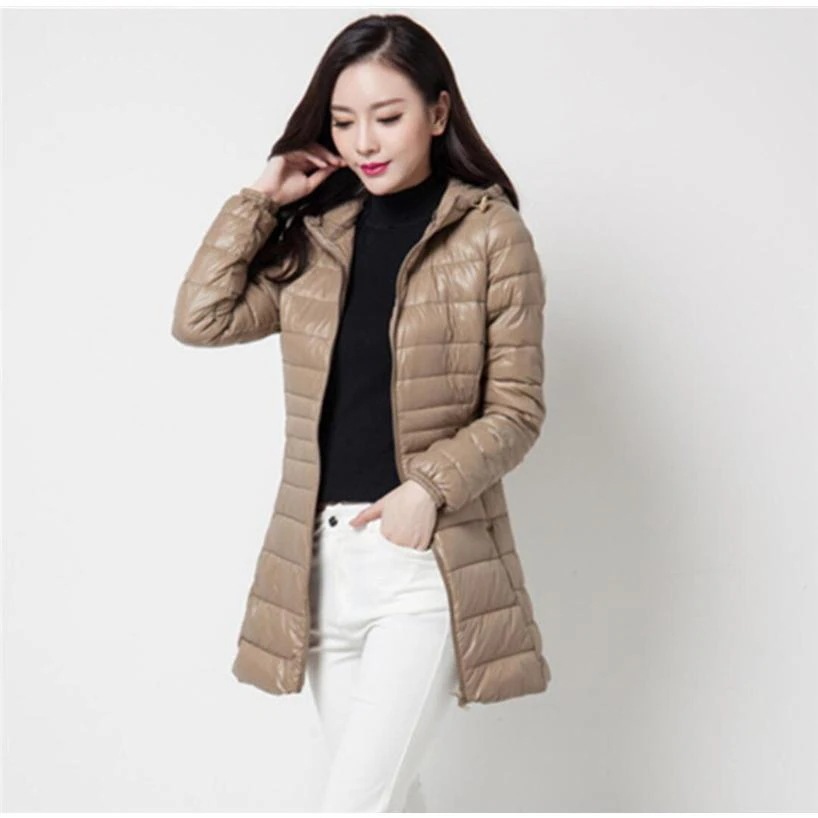ダウンコートレディース軽量ダウン防寒着ダウンジャケットフード付きミドル丈コート細身アウター冬