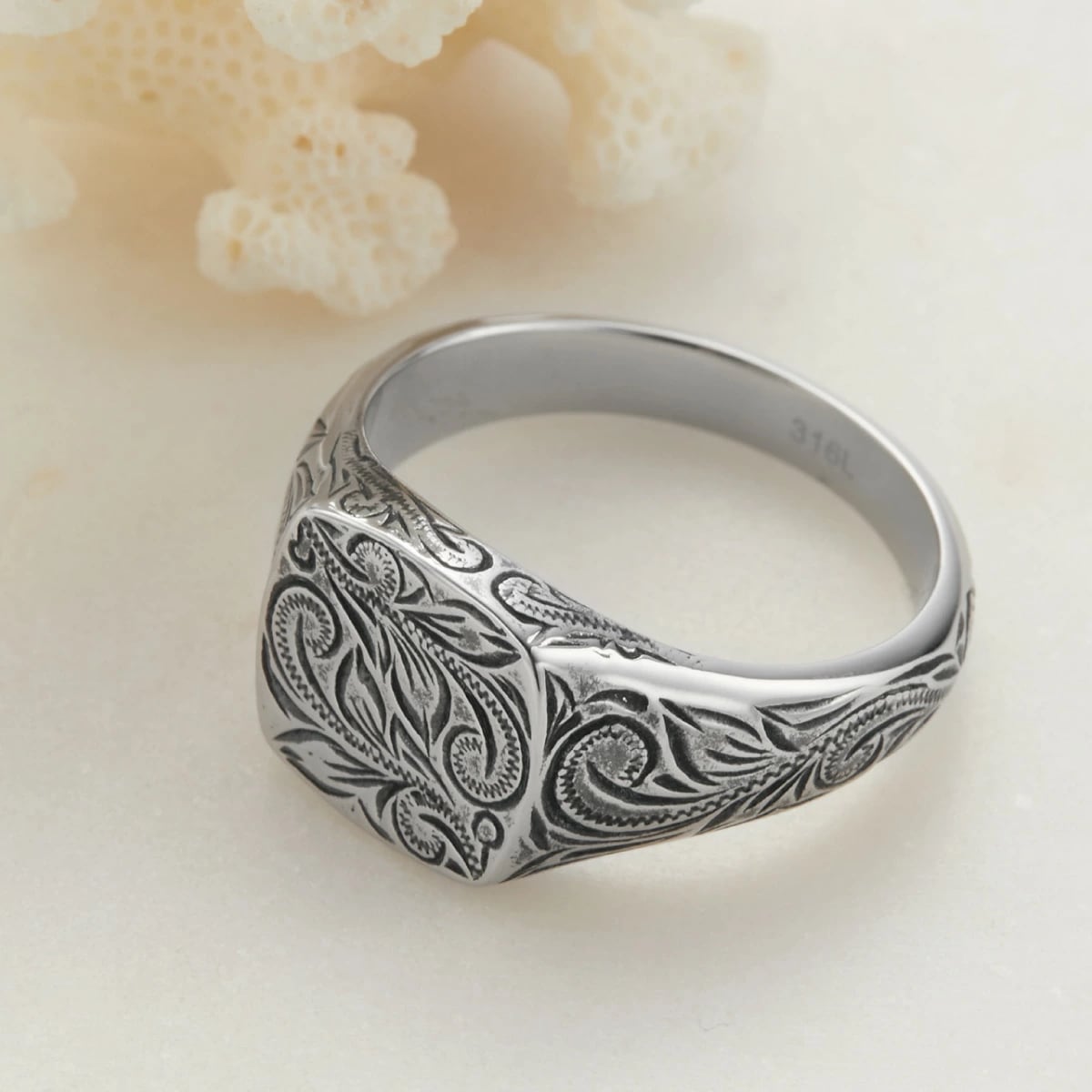 リング メンズ ハワイアンジュエリー サージカルステンレス316L ブラックコーティング スクロール