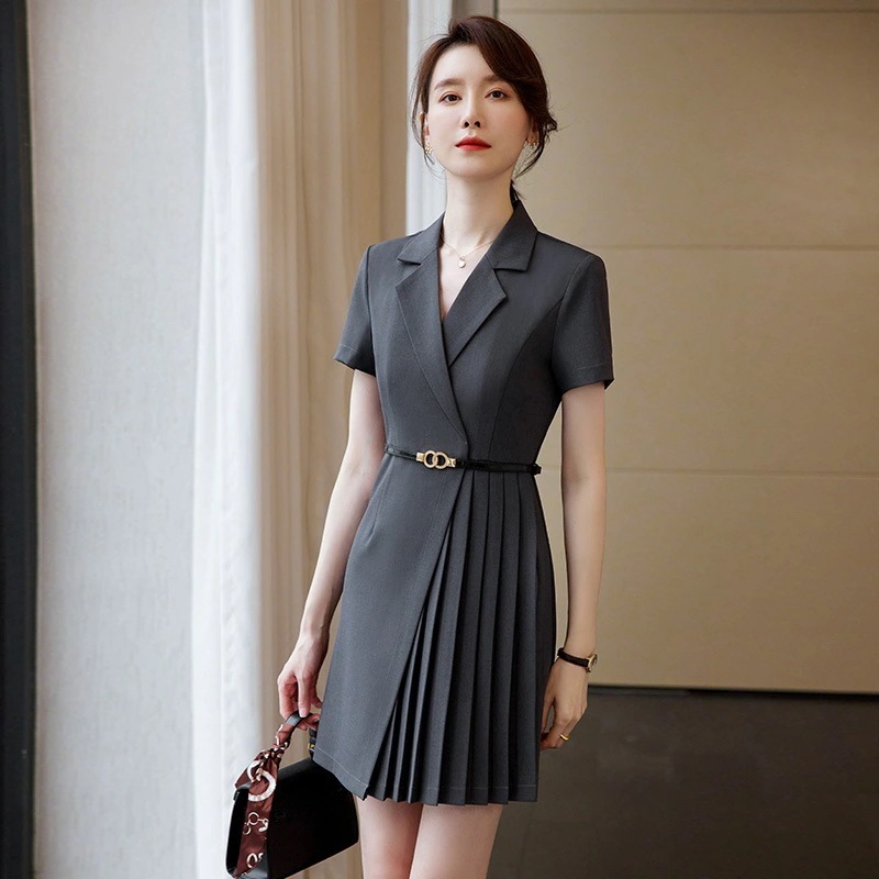 大きいサイズ 通勤半袖スーツワンピース女性作業服ol気質職業プリーツワンピースシャツワンピース