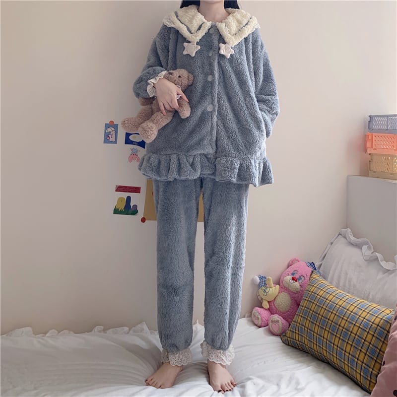 2color パジャマ ルームウェア ナイトウェア ぬくぬく 防寒 星 襟付き 寝巻