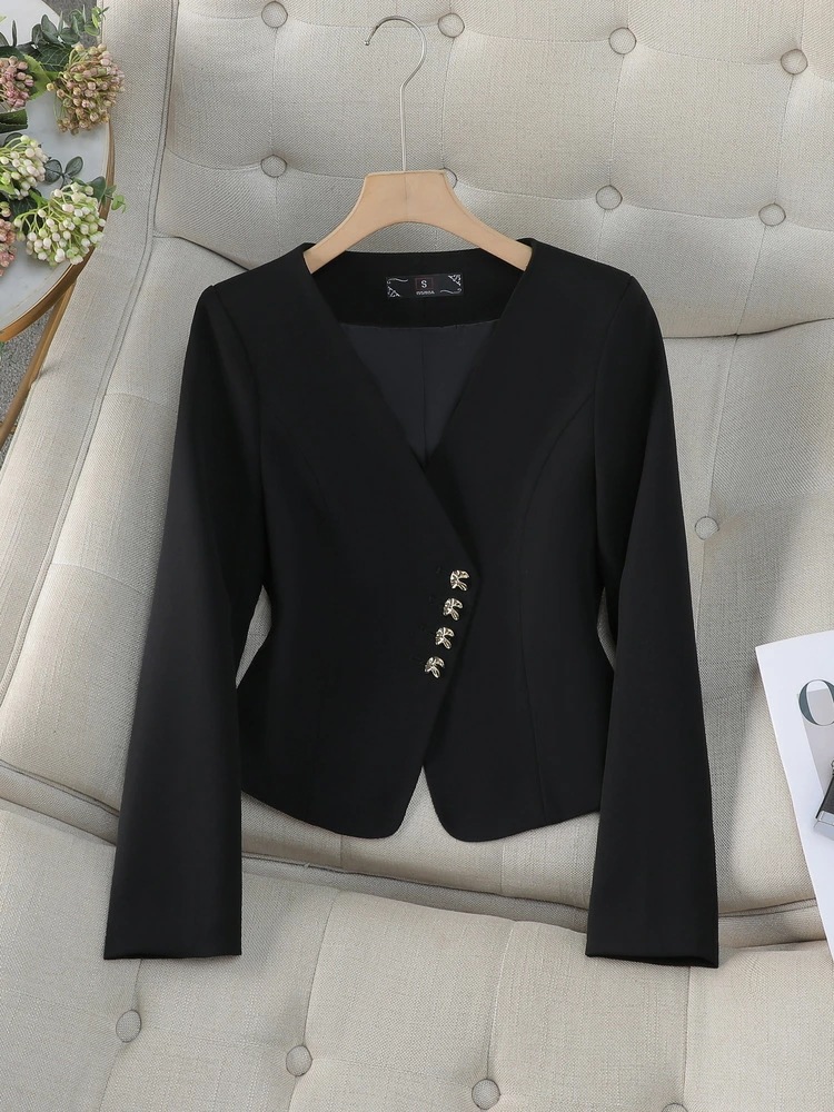 レディース ジャケット 春秋 おしゃれ 高級感 ショート 無領 コート 体型カバー 仕事用