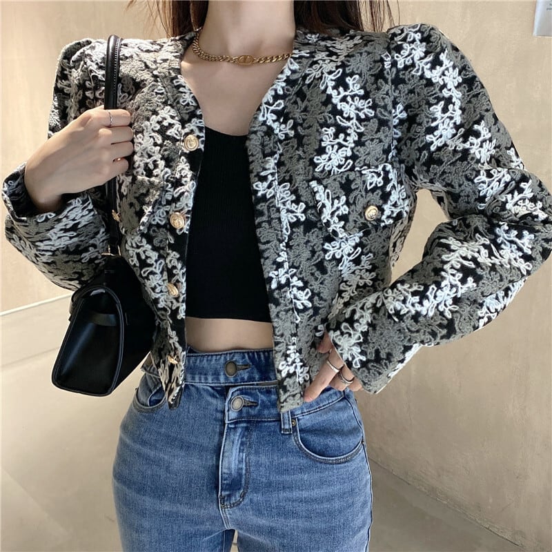 アウター ジャケット ショートジャケット 花柄 ラウンドネック ボタン シングルブレスト 刺繍