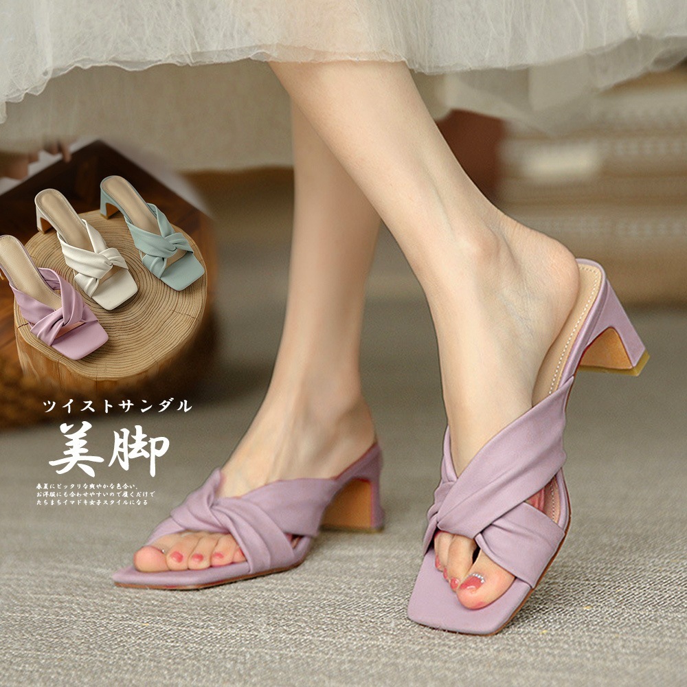 国内即納 セットバックヒール サンダル レディース