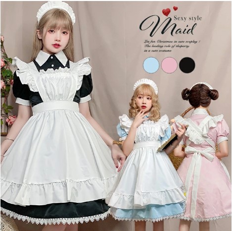 【国内発送】メイド服 ロング コスプレ メイド 衣装 ハロウィン コスチューム コスプレ衣装 可愛い 半袖 ピン