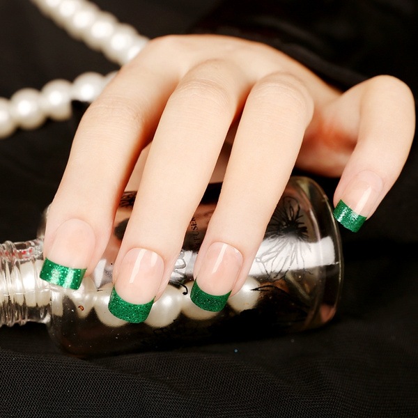 24PCS set French shining green fake nails size false cute Japanese middle-long 【在庫処分】 nail prod 熱い販売