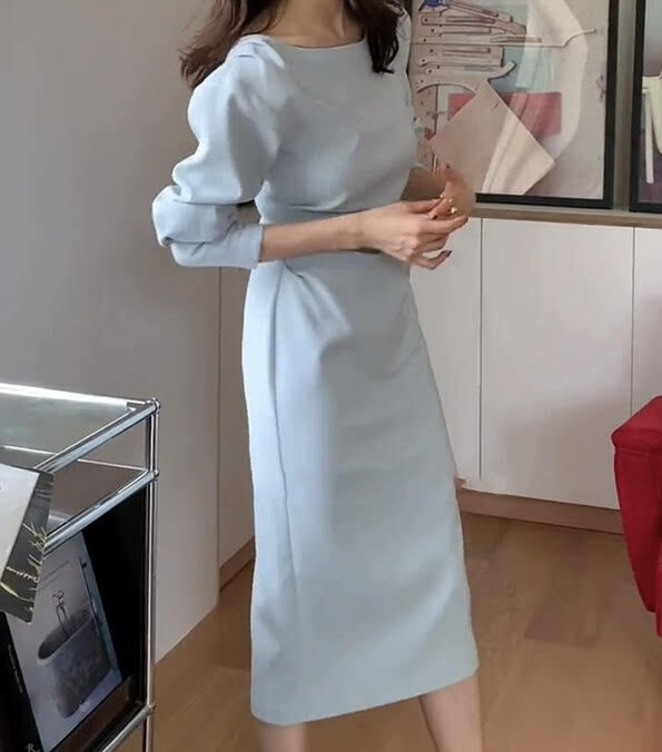 エレガントパフスリーブミモレ丈ワンピース パフスリーブワンピース ミモレ丈ワンピース 高見えワンピース ワンピース ワンピース水色 水色 ライトブルー 韓国 オルチャン レディース 高見え