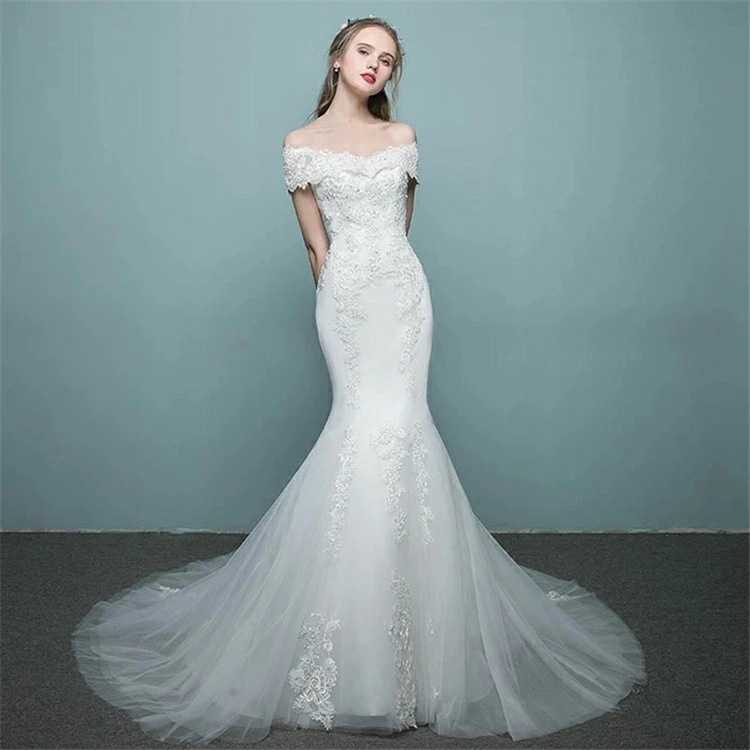 マーメイドラインドレス ウエディングドレス オフショルダー 花嫁 ブライダル 結婚式 マーメイドライン ウェディングドレス 二次会 ロングドレス 披露宴 マーメイド トレーン 演奏会 wedd
