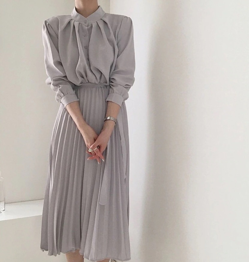 ワンピース シャツワンピース ミモレ ミモレ丈 袖あり 長袖 パフスリーブ ラウンドネック 襟なし Aライン プリーツ リボン ウエストマーク ウエストリボン 切り替えデザイン ハイウエスト 前開き